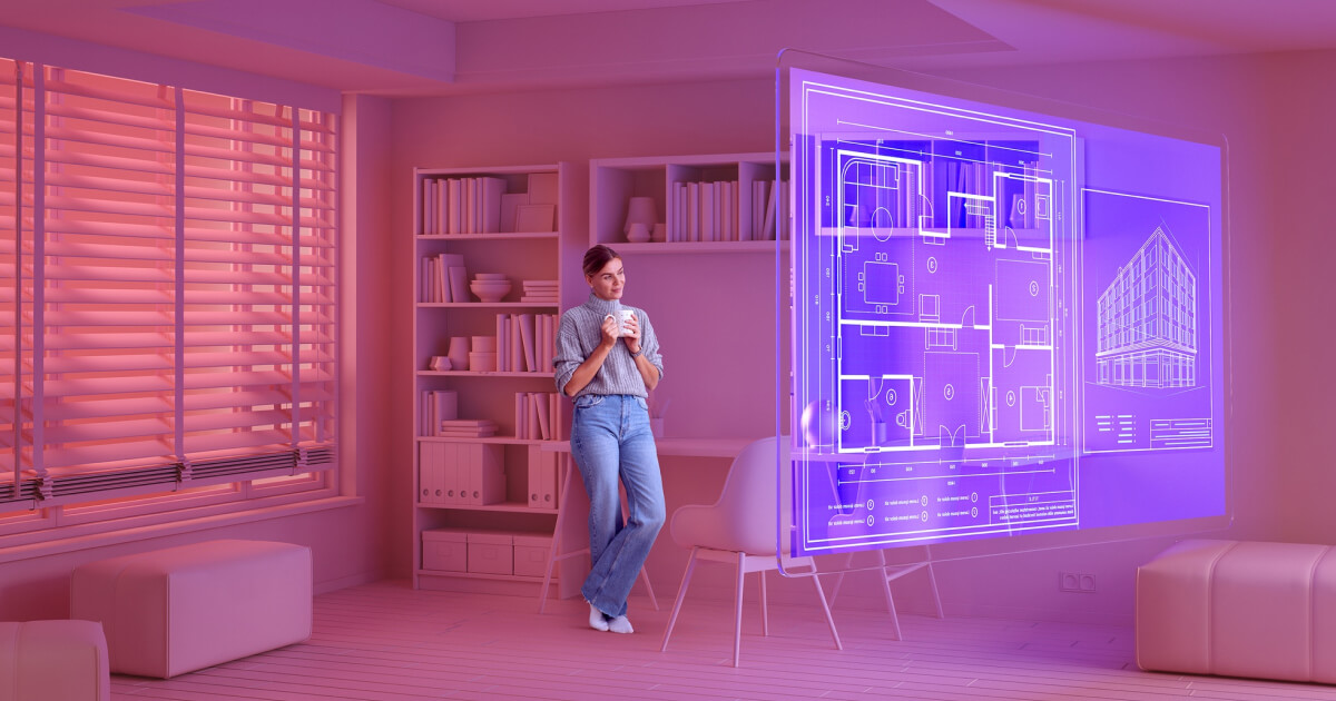 A woman viewing an interactive virtual blueprint of an apartment layout in a room with ambient lighting, representing the advantages of a virtual apartment tour.