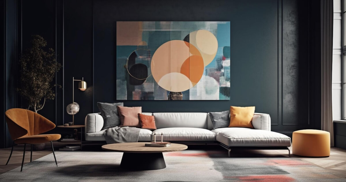 Contemporary living room showcasing sustainable interior design with a large abstract painting above a white sectional sofa.