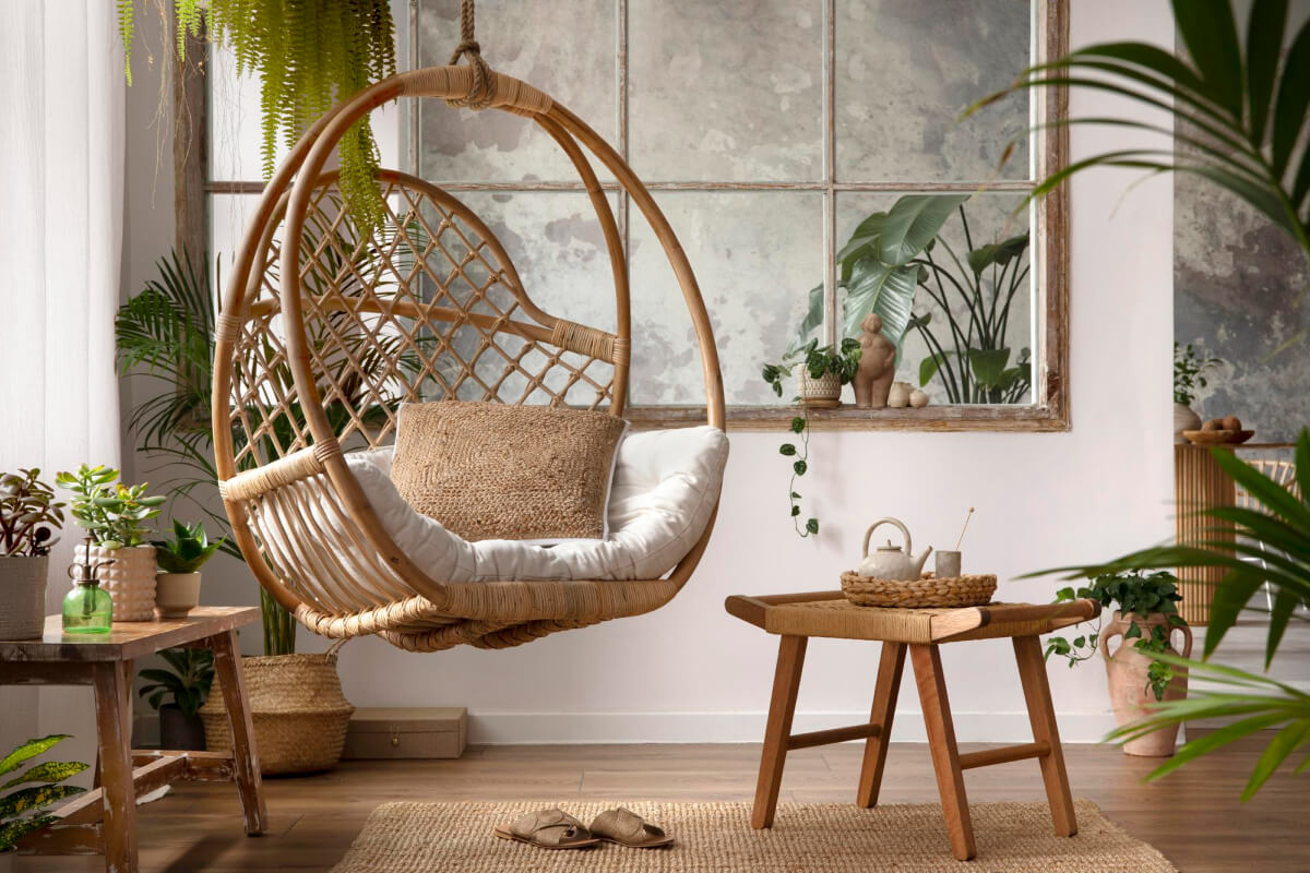 Cozy corner of a modern home with a rattan hanging chair, green plants, and sustainable wood furniture reflecting interior design trends.