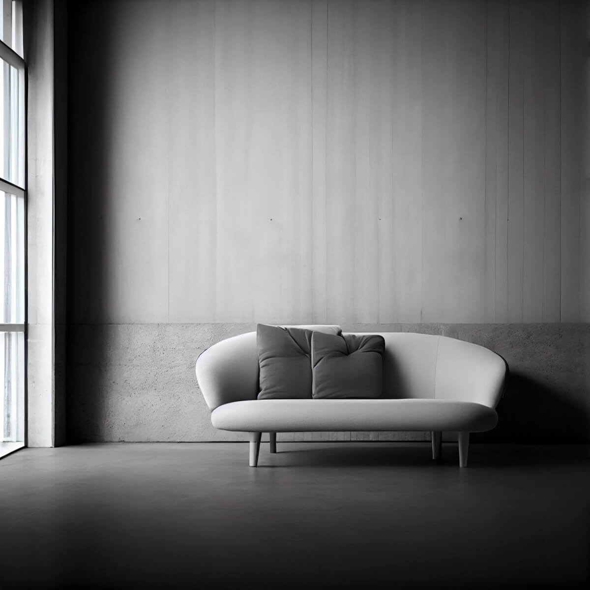 Minimalist sustainable interior design in a modern living space with a stylish couch against a textured concrete wall, integrating technology seamlessly.