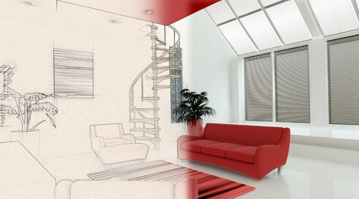 Combination of a sketch and a photorealistic pre-construction visualization of a modern living room, enhancing the visual experience for potential buyers.
