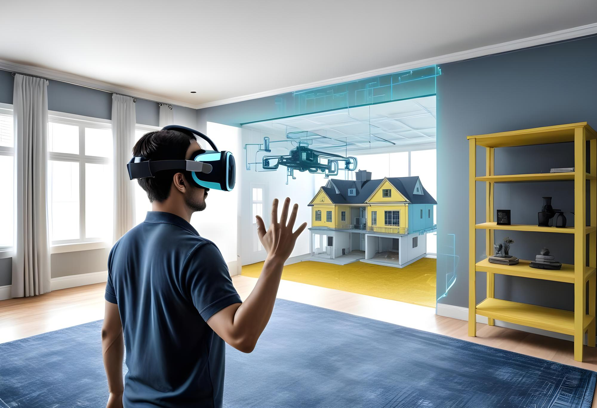 Man using virtual reality headset to visualize and interact with a 3D architectural model of a house displayed in a modern living room setting, demonstrating the application of virtual reality in real estate.