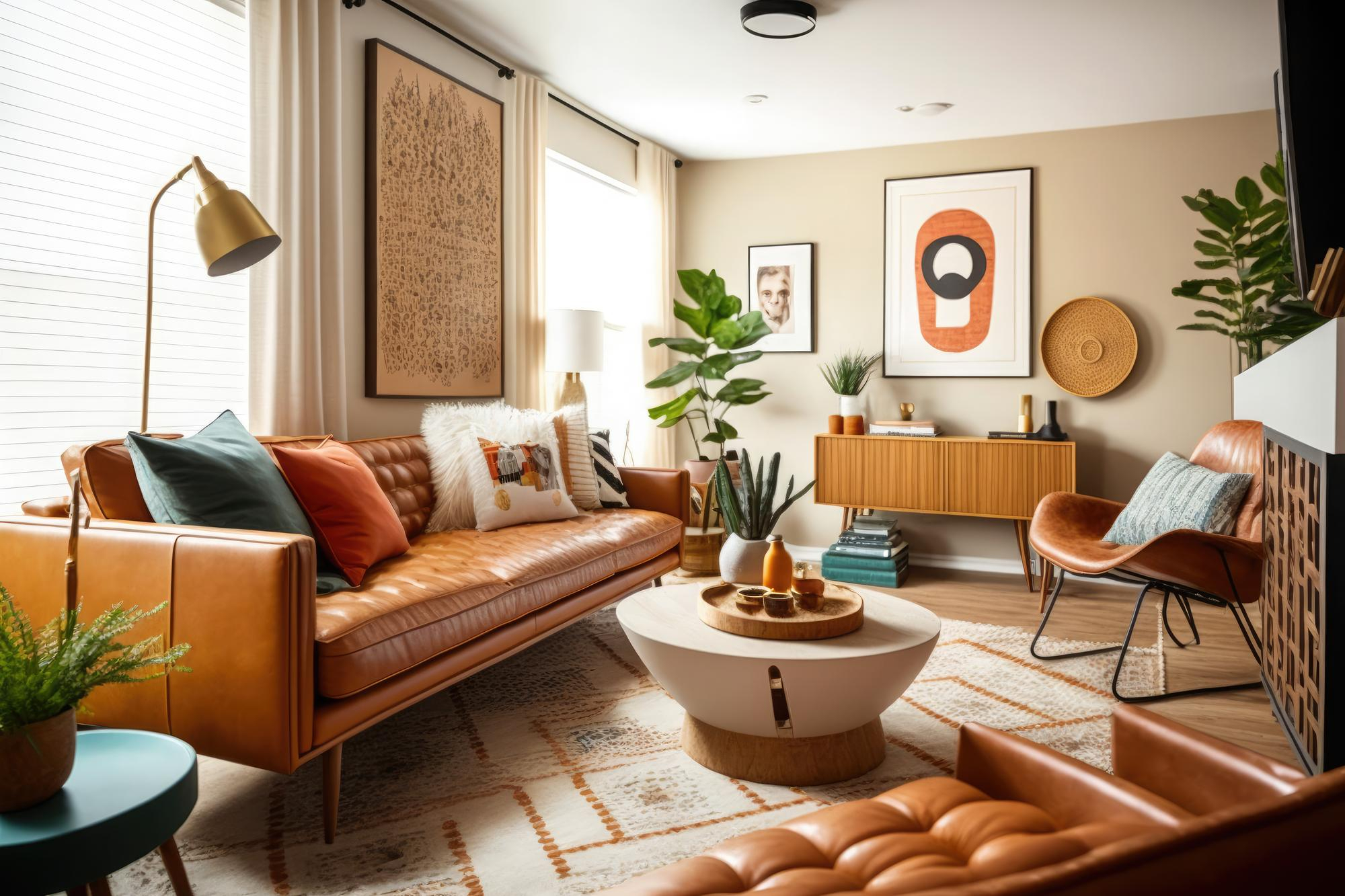 Stylishly staged living room featuring a caramel leather sofa, matching chairs, a round white coffee table, and vibrant houseplants, decorated with modern art and a warm color palette, exemplifying effective home staging by professional staging companies