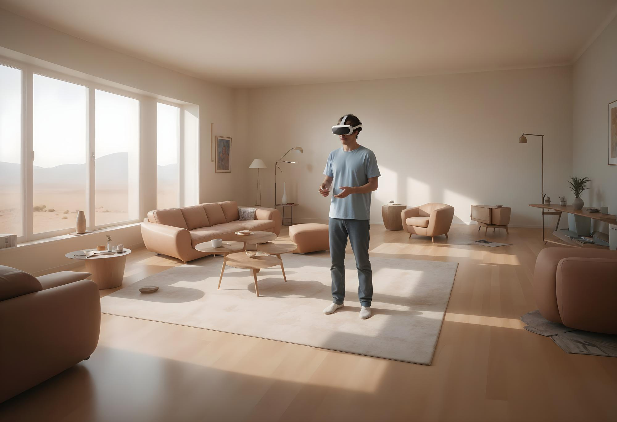 Man wearing a virtual reality headset in a spacious living room with large windows overlooking a desert landscape, interacting with a virtual fly-through of a property, showcasing the practical application of VR in home staging and real estate marketing.
