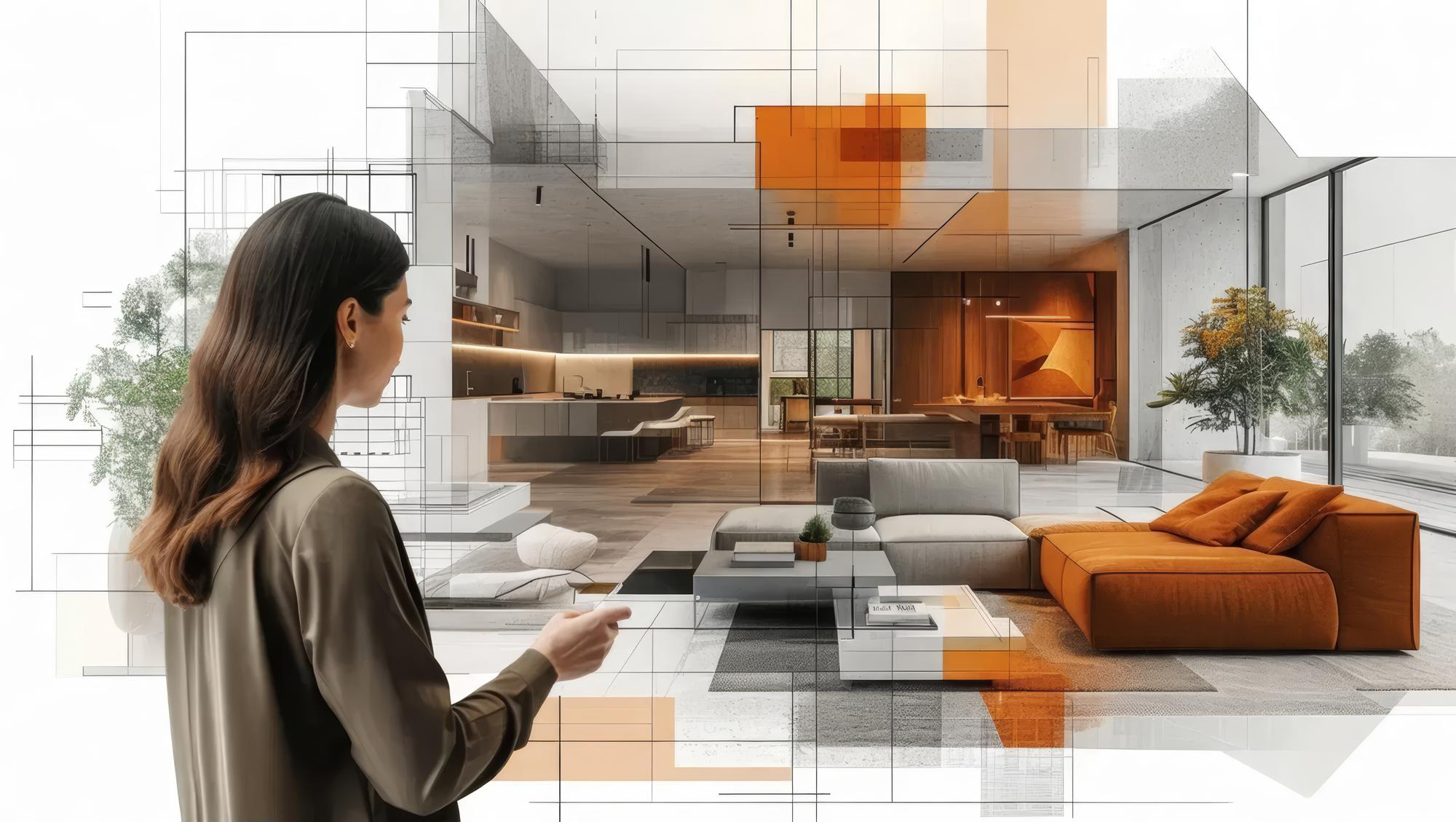 A female interior designer using virtual reality to visualize and interact with a sophisticated 3D architectural model of a modern living room, highlighting the integration of AI in contemporary interior design.