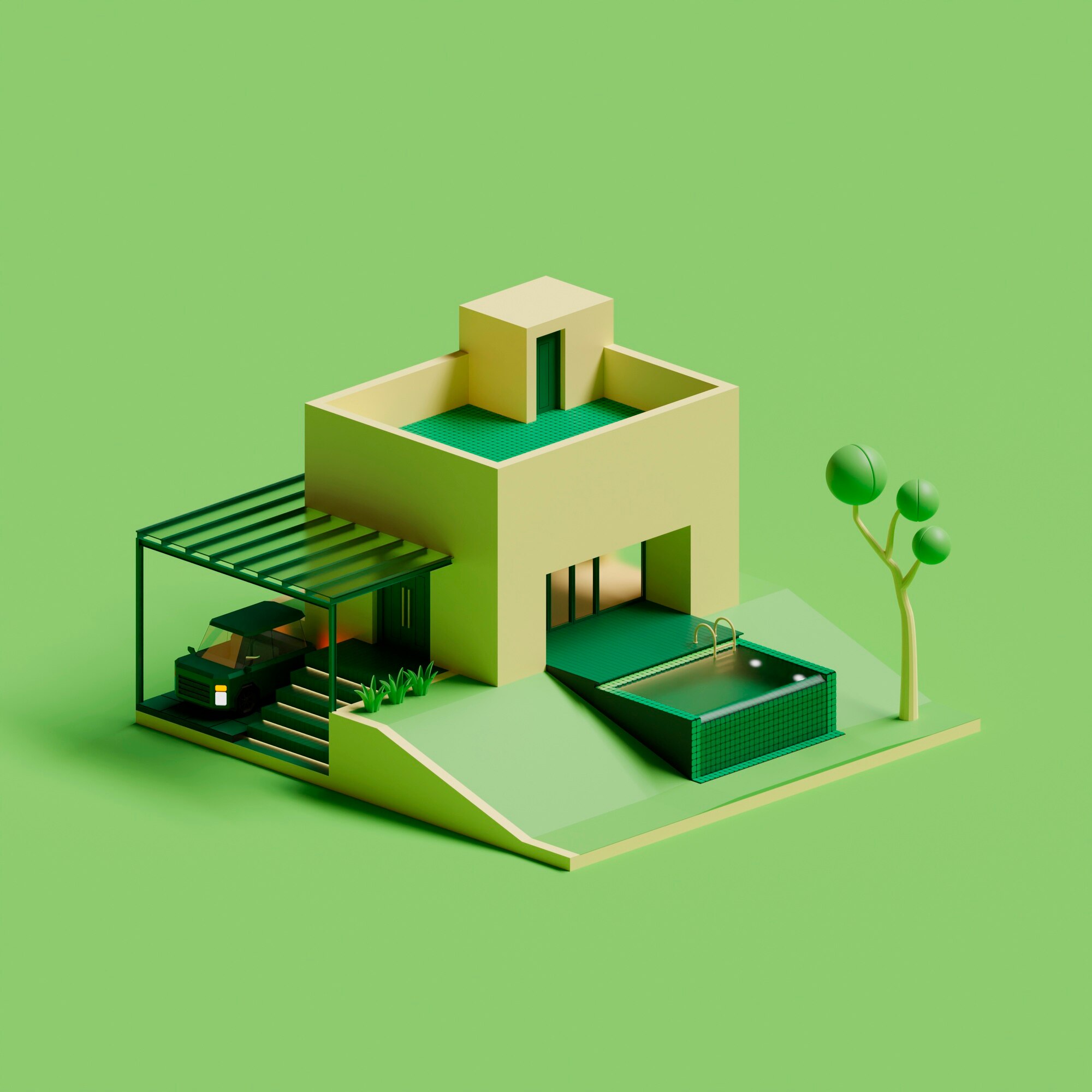 Minimalist 3D model of an eco-friendly house with a vibrant green background, featuring a flat roof design, integrated garage, and a swimming pool. The structure showcases modern architecture with clean lines and is surrounded by simplified greenery and an abstract tree, emphasizing sustainable living.
